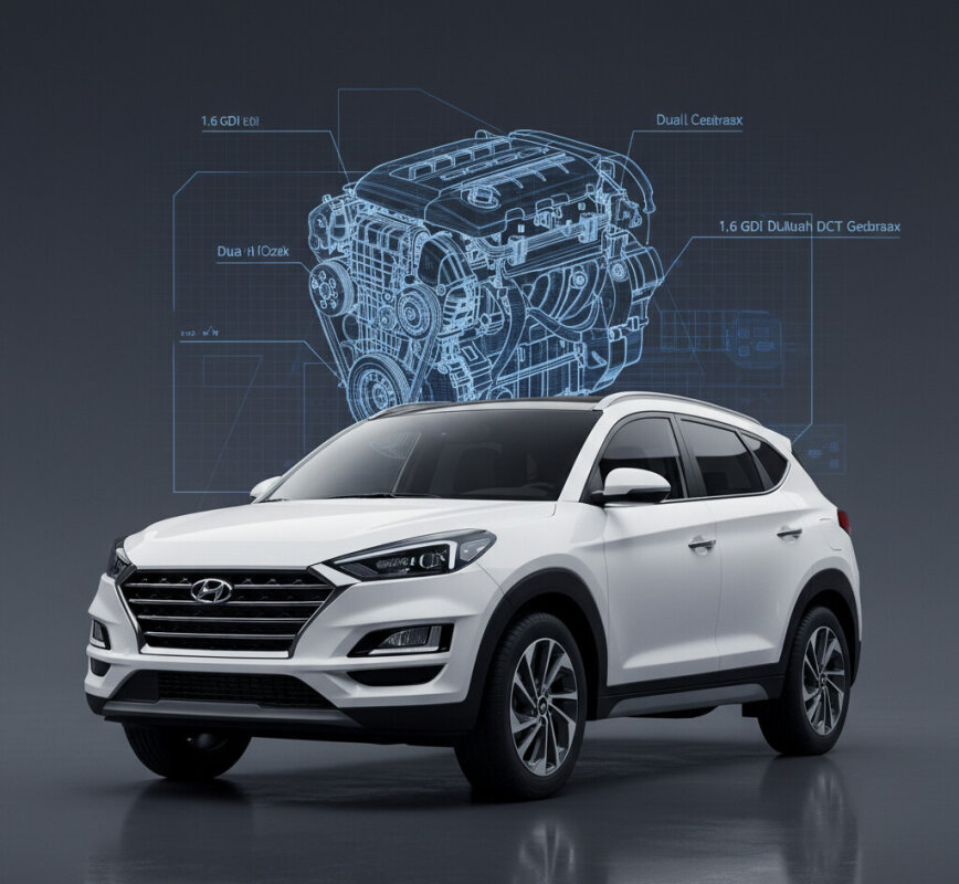 Srebrny Hyundai Tucson III na tle schematu silnika i skrzyni biegów.