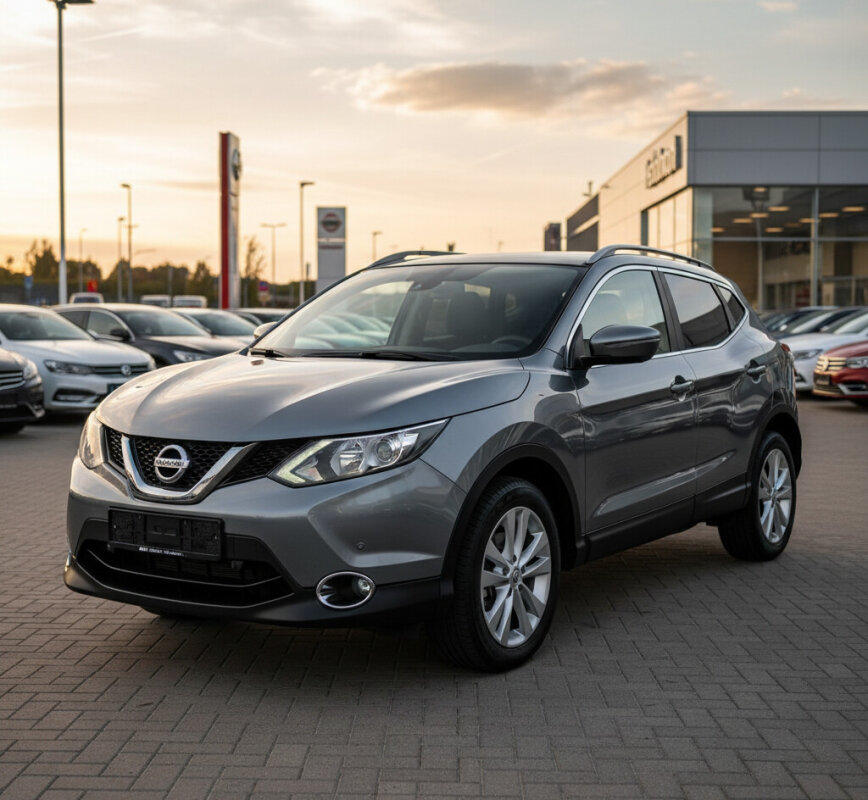 Używany Nissan Qashqai II zaparkowany przed salonem samochodowym.