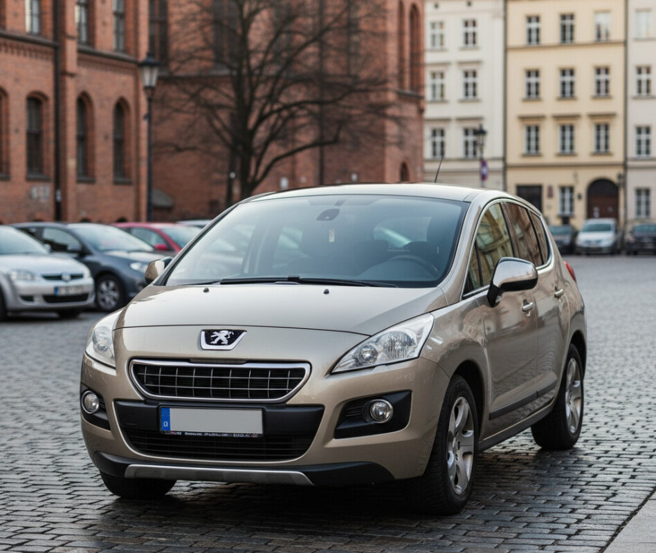 Beżowy crossover Peugeot 3008 pierwszej generacji na brukowanej ulicy.