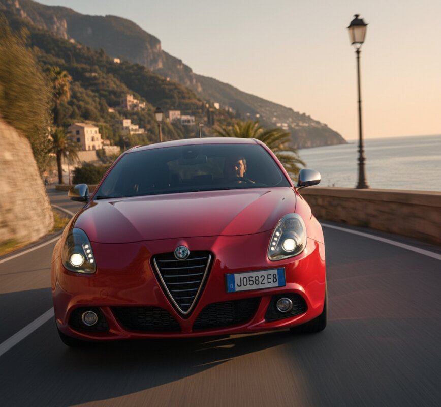 Czerwona Alfa Romeo Giulietta na krętej drodze – opinie o modelu.