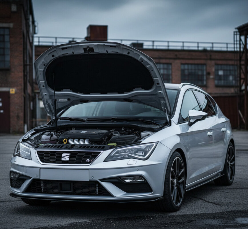 Srebrny Seat Leon III z otwartą maską silnika.