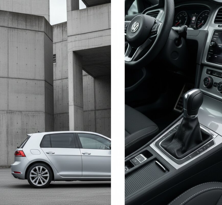 Srebrny Volkswagen Golf VII hatchback w miejskim otoczeniu.