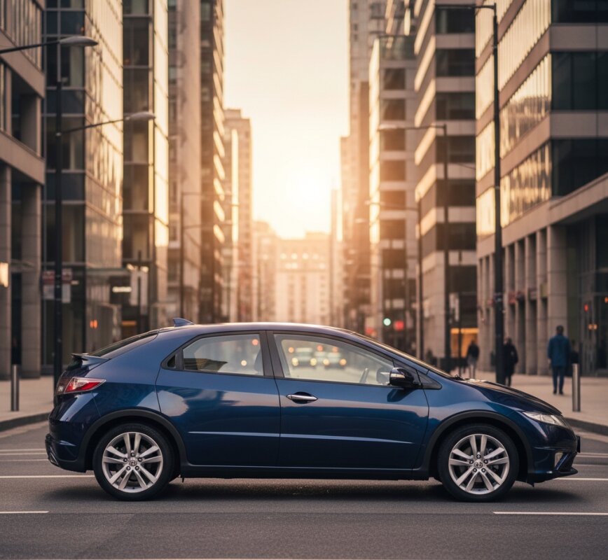 Używana Honda Civic IX hatchback na miejskiej ulicy.