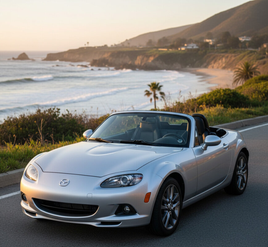 Srebrna Mazda MX-5 NC na górskiej drodze.