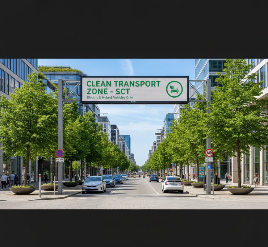 Znak Strefa Czystego Transportu (SCT) na wjeździe do centrum miasta.