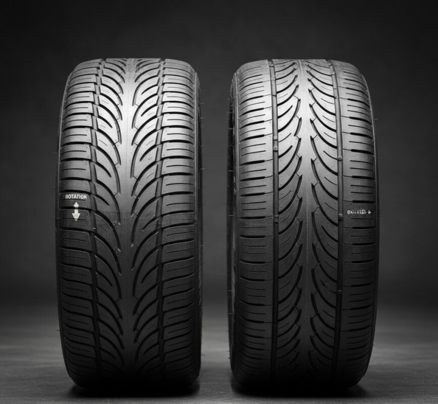 Porównanie bieżnika opony kierunkowej i asymetrycznej.