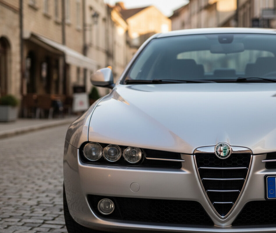 Srebrna Alfa Romeo 159 na brukowanej ulicy.