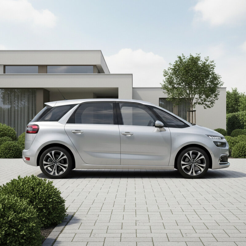 Srebrny Citroen C4 Picasso II zaparkowany na nowoczesnym podjeździe.