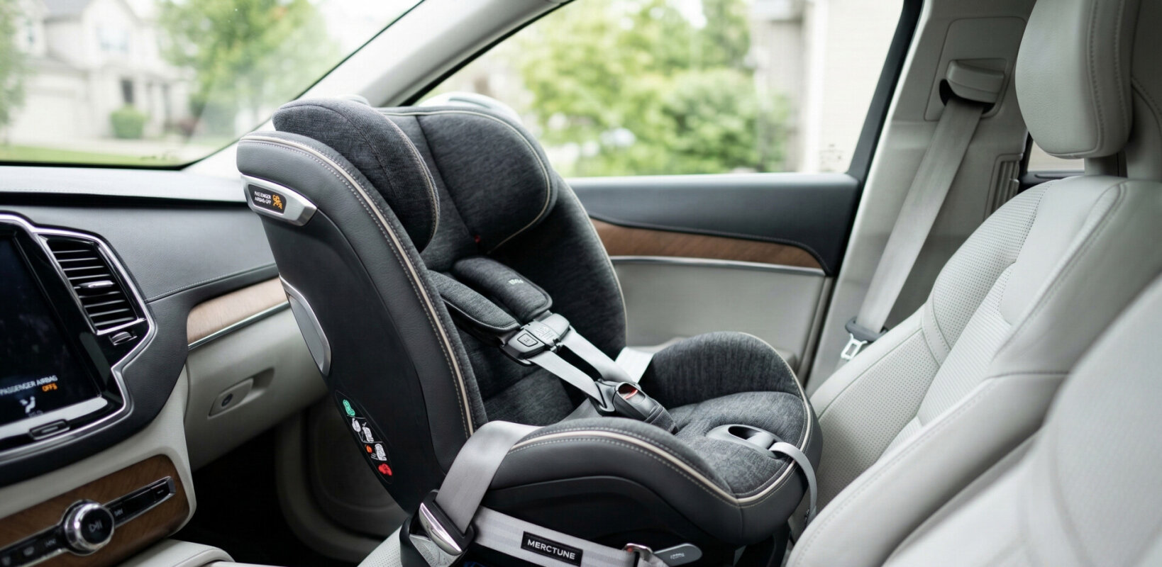 Nowoczesny fotelik dziecięcy zamontowany na przednim siedzeniu auta.