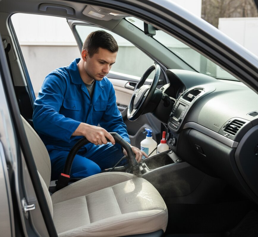 Czyszczenie tapicerki samochodowej odkurzaczem piorącym i pianką.
