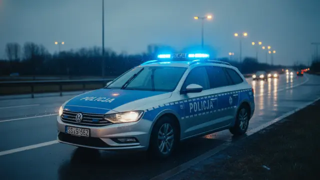 Radiowóz policyjny na sygnale stojący na poboczu drogi w deszczowy wieczór