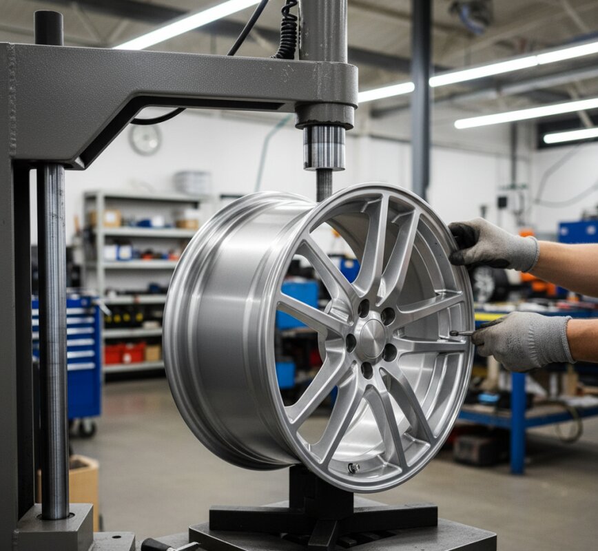 Specjalistyczna maszyna do prostowania felg aluminiowych w serwisie.