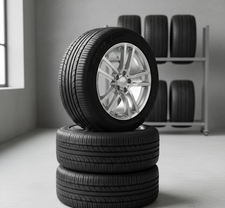 Opony i koła składowane prawidłowo na regale w garażu.