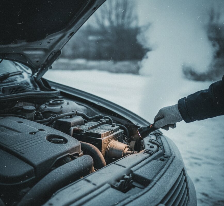 Kierowca próbujący uruchomić silnik samochodu na mrozie