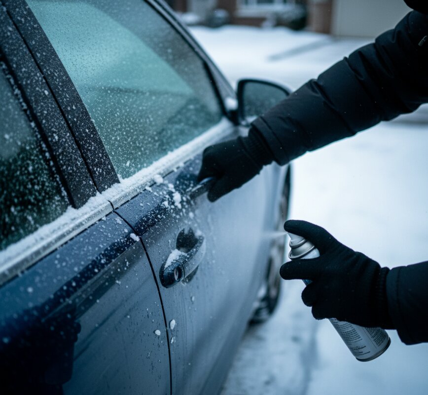 Zamarznięta uszczelka i klamka drzwi samochodowych