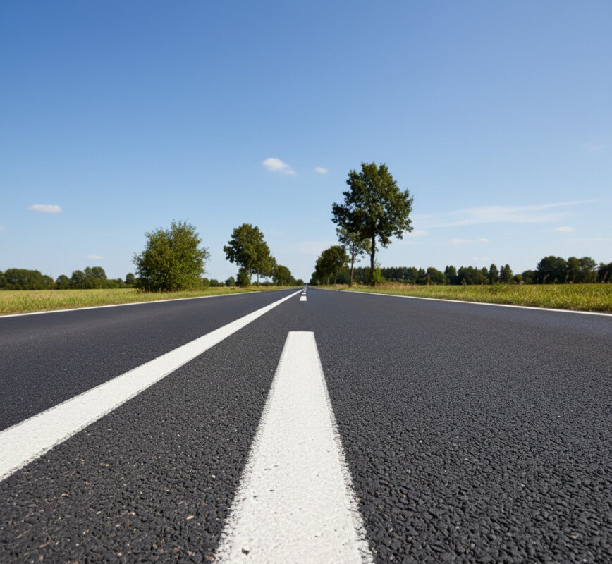 Widok na białe linie poziome i oznakowanie na drodze asfaltowej.