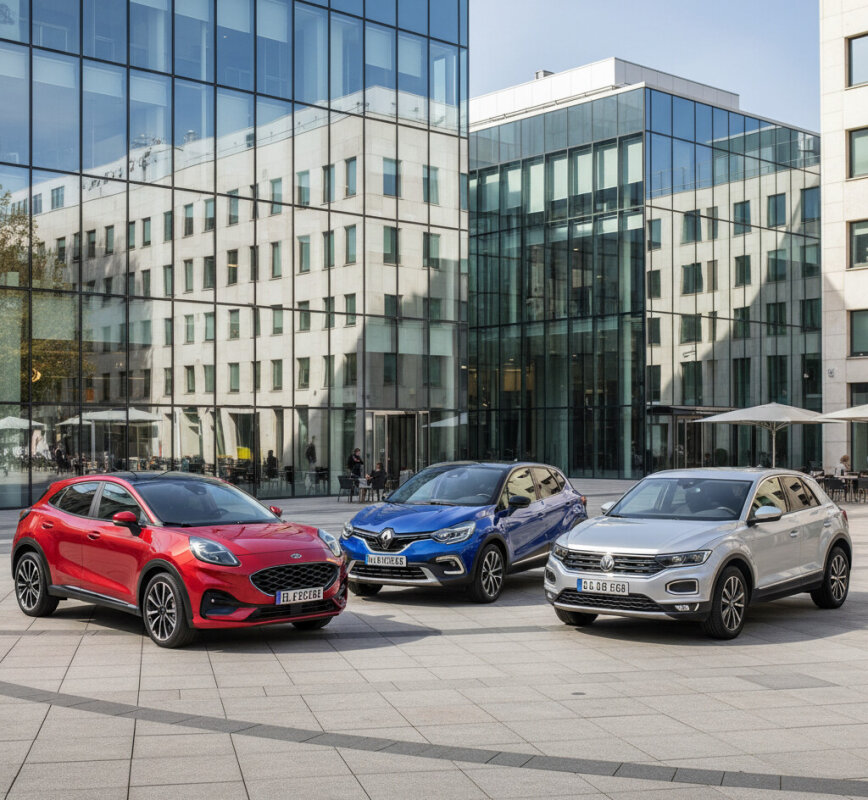 Porównanie trzech miejskich crossoverów: Ford Puma, Renault Captur i VW T-Roc.