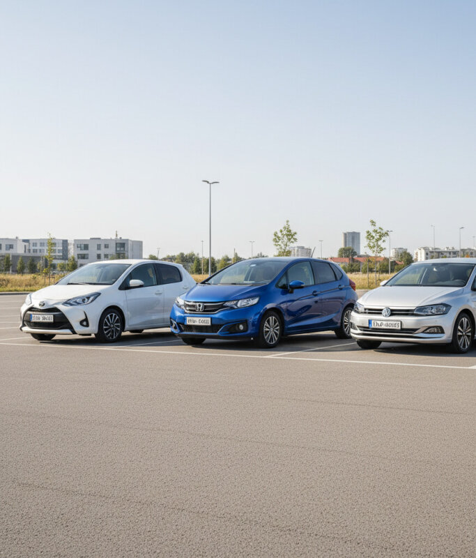 Trzy miejskie samochody hatchback zaparkowane obok siebie.