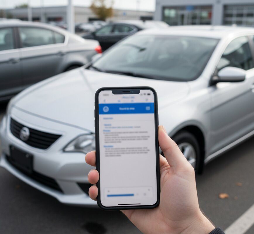 Smartfon z raportami historii pojazdu Carfax, AutoDNA i CEPIK.