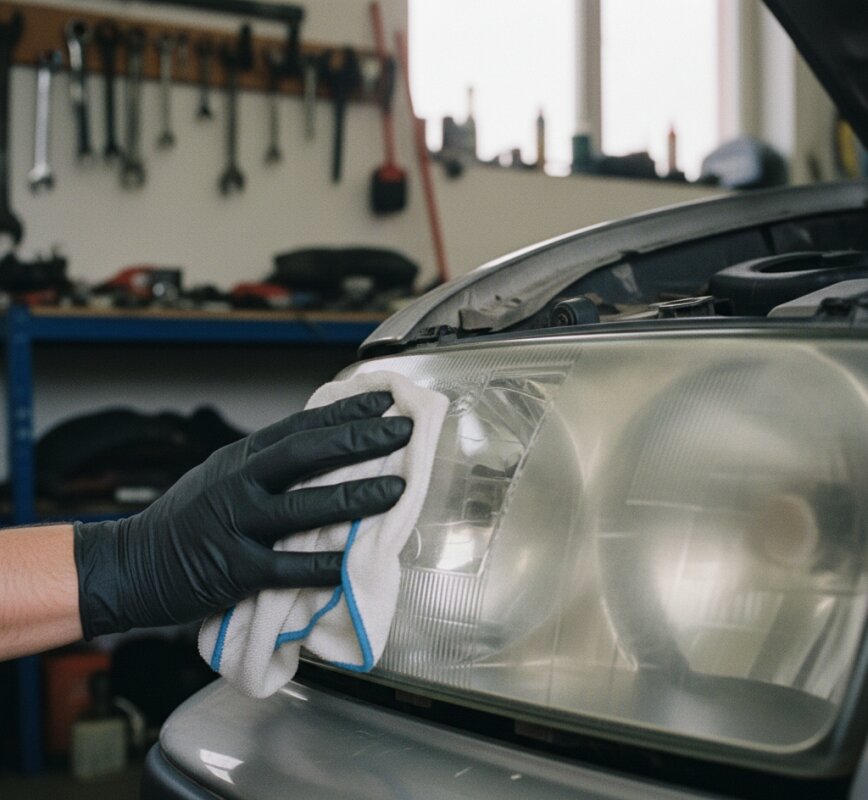 Ręka w rękawiczce poleruje matową, porysowaną obudowę reflektora samochodowego.