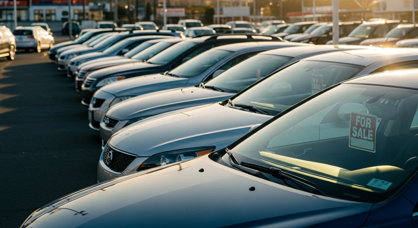 Rząd używanych samochodów na sprzedaż na parkingu samochodowym w słoneczny dzień.