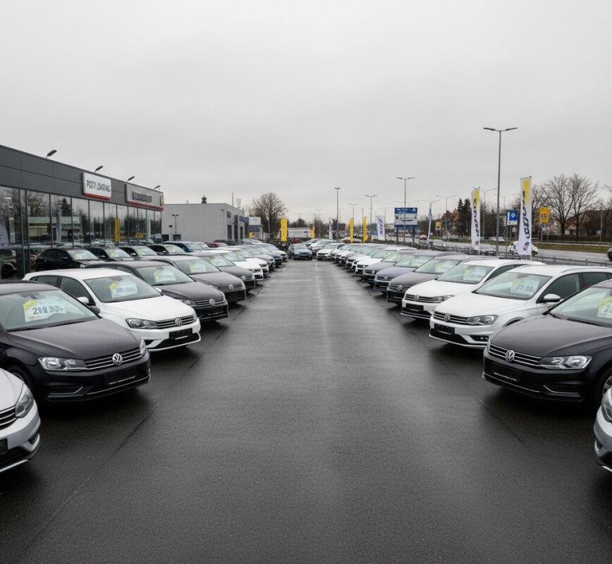 widok na rzędy samochodów poleasingowych na placu dealera samochodowego.