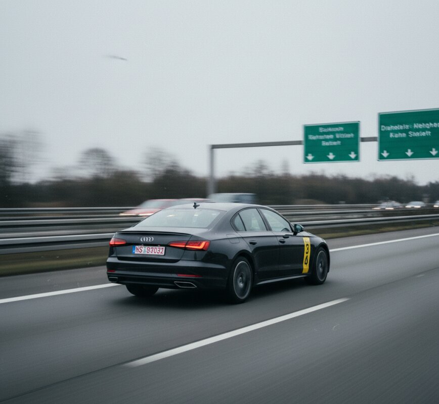 Czarny sedan Audi na niemieckiej autostradzie, jadący z dużą prędkością.