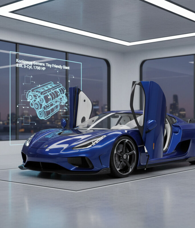 Niebieski Koenigsegg Gemera w nowoczesnym salonie, prezentujący technologię silnika Freevalve.