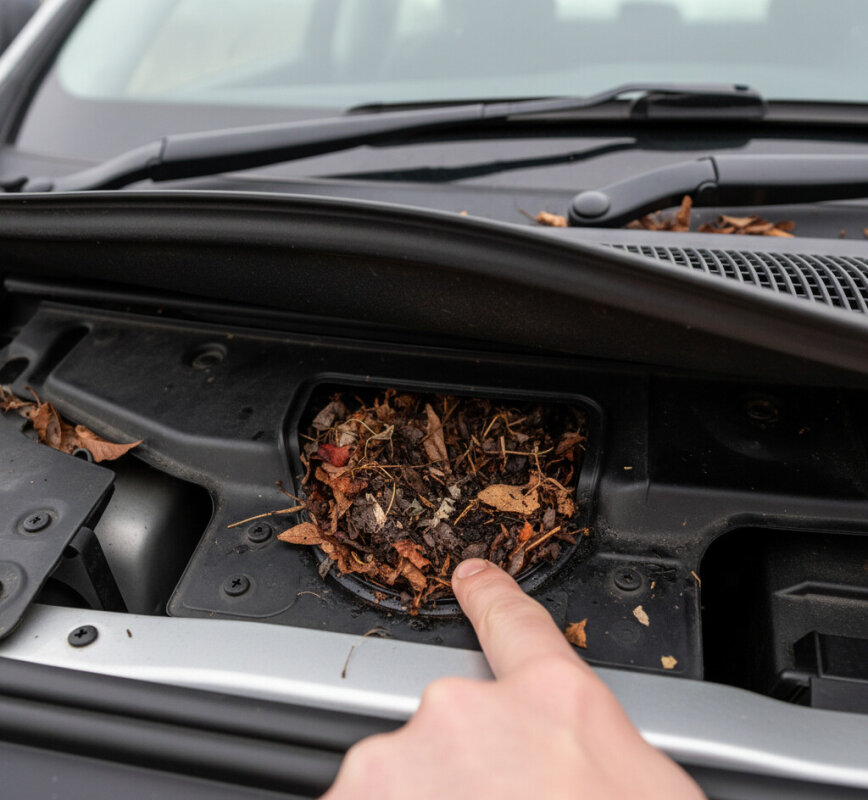 Zablokowane liśćmi odpływy wody w podszybiu samochodu.