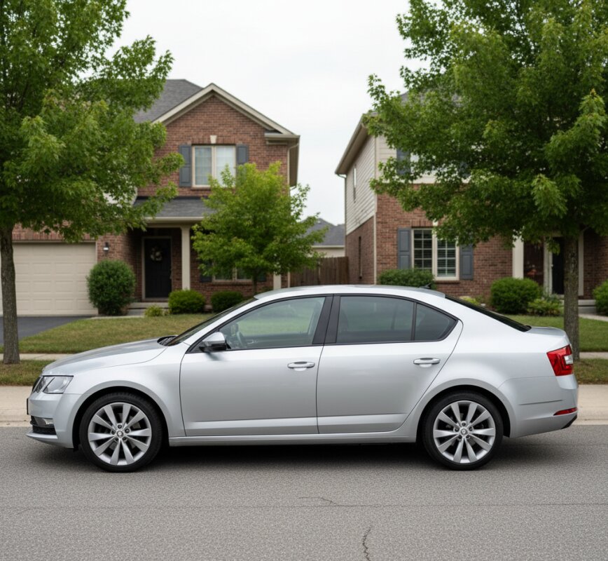 Srebrna Skoda Octavia III sedan zaparkowana na ulicy.
