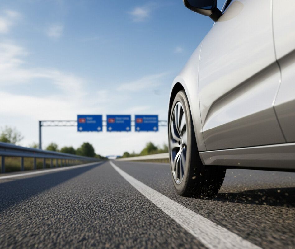 Samochód jadący autostradą, widok na koła i nawierzchnię drogi w słoneczny dzień.