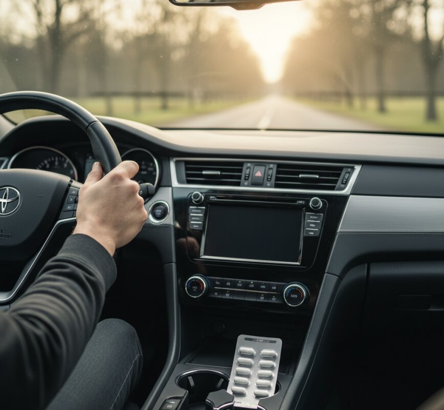 Leki na przeziębienie i grypę w uchwycie na kubek w aucie.