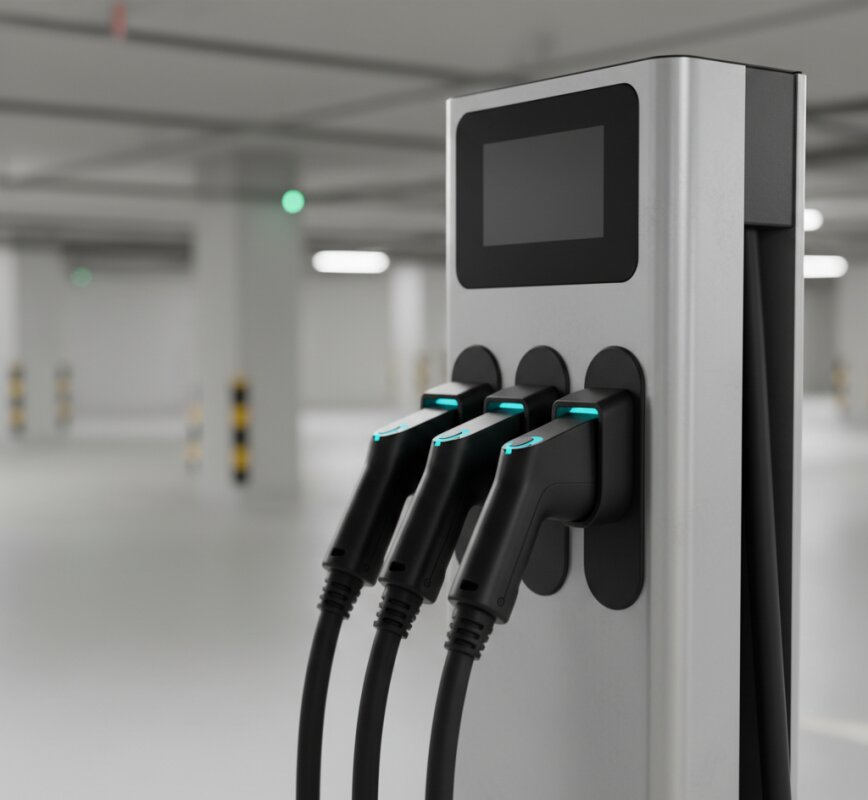 Rodzaje wtyczek do ładowania aut elektrycznych: Type 2, CCS i CHAdeMO.