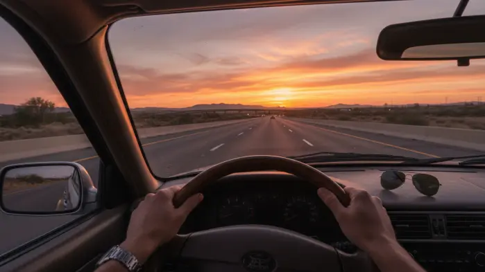 Widok z oczu kierowcy trzymającego kierownicę na pustej trasie