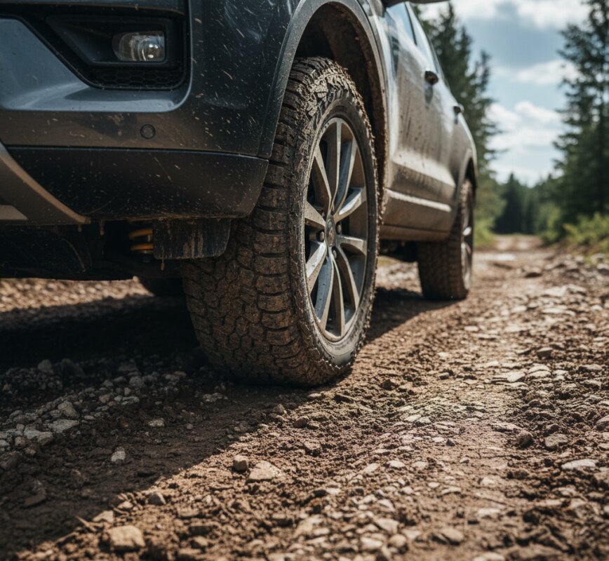 Widok skupiony na kole samochodu na nierównej drodze