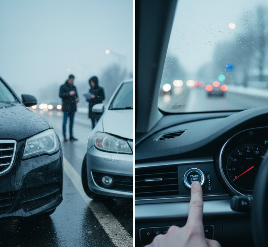 Kolaż: Uszkodzone samochody po kolizji na mokrej drodze obok dłoni wciskającej przycisk Start-Stop.