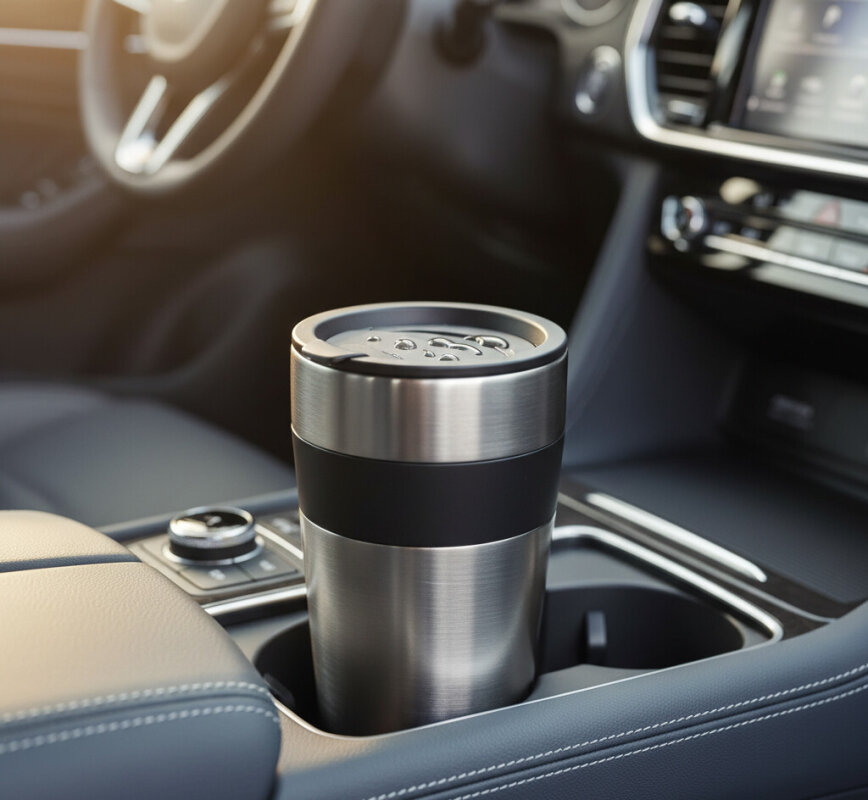 Szczelny kubek termiczny w uchwycie na napoje w aucie.