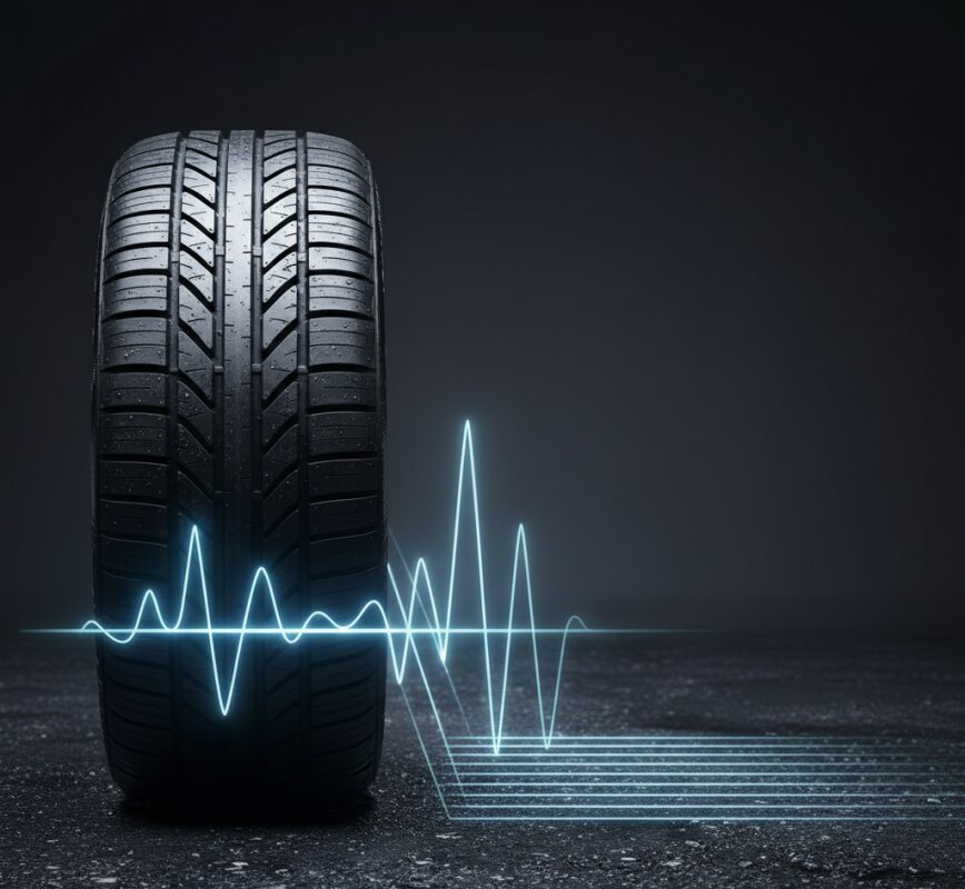 Zbliżenie na bieżnik cichej opony letniej na mokrym asfalcie.