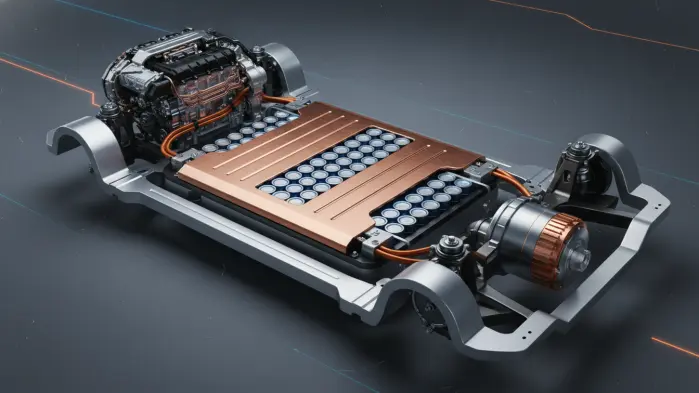 Przekrój techniczny podwozia samochodu hybrydowego z widoczną baterią