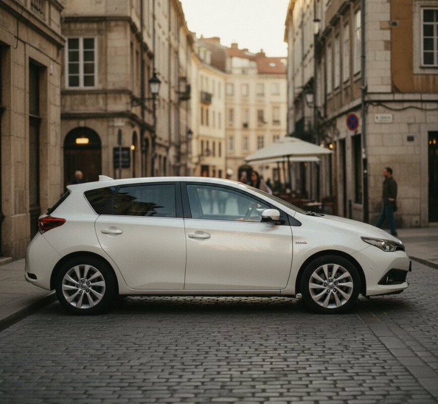 Biała Toyota Auris Hybrid na brukowanej ulicy w historycznej części miasta.
