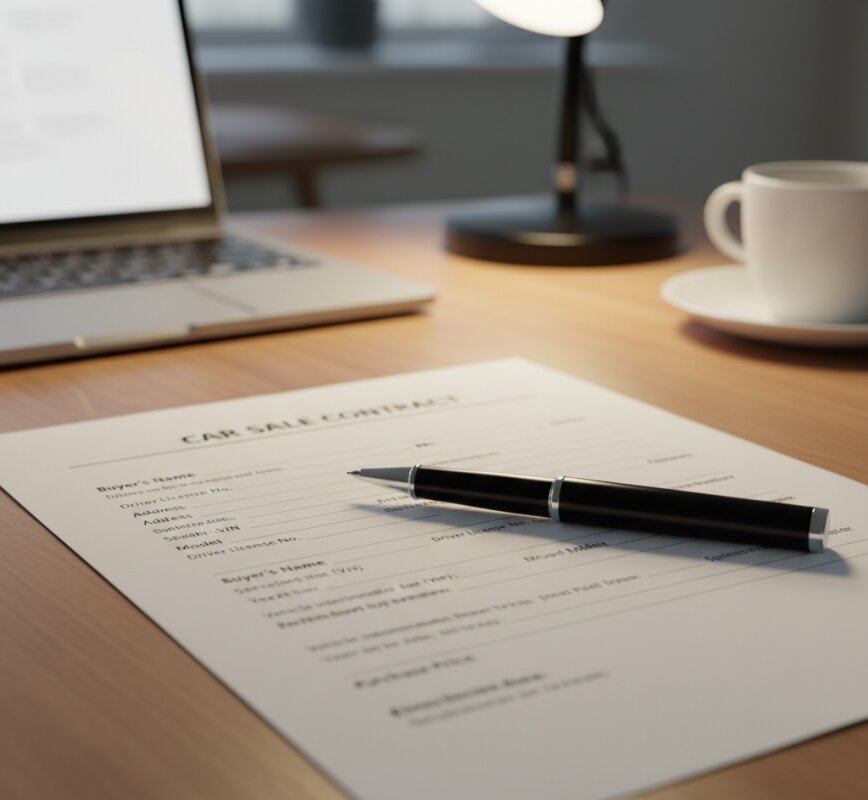 Umowa kupna-sprzedaży samochodu z długopisem, puste pola do wypełnienia na biurku.