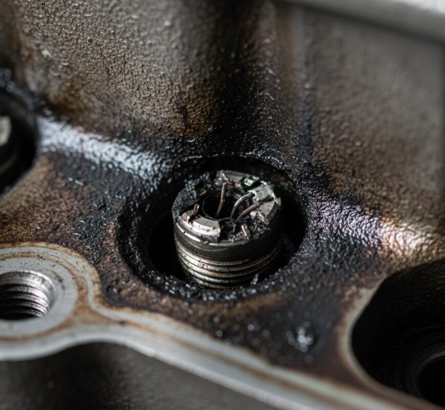 Makro: pęknięta świeca żarowa i nagar w głowicy silnika Diesla.