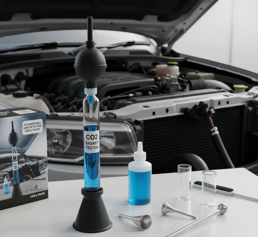 Tester szczelności uszczelki pod głowicą z niebieskim płynem reakcyjnym.