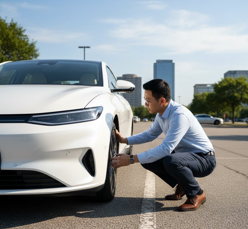Inspekcja stanu technicznego i opon używanej Tesli Model 3 przed zakupem.