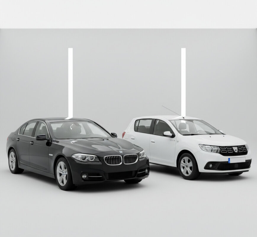 Porównanie luksusowego używanego BMW i nowej budżetowej Dacii.