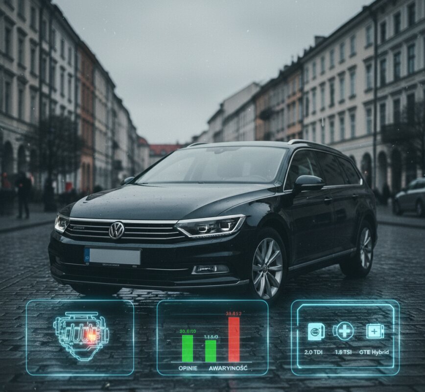 Srebrny Volkswagen Passat B8 zaparkowany na ulicy