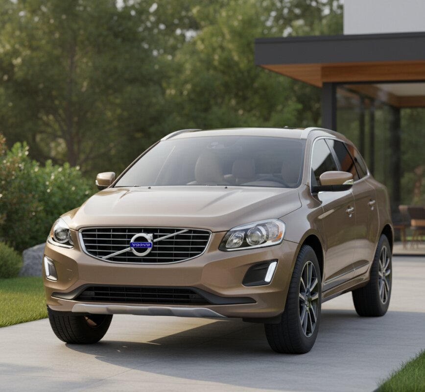 Brązowe Volvo XC60 pierwszej generacji zaparkowane przed domem.