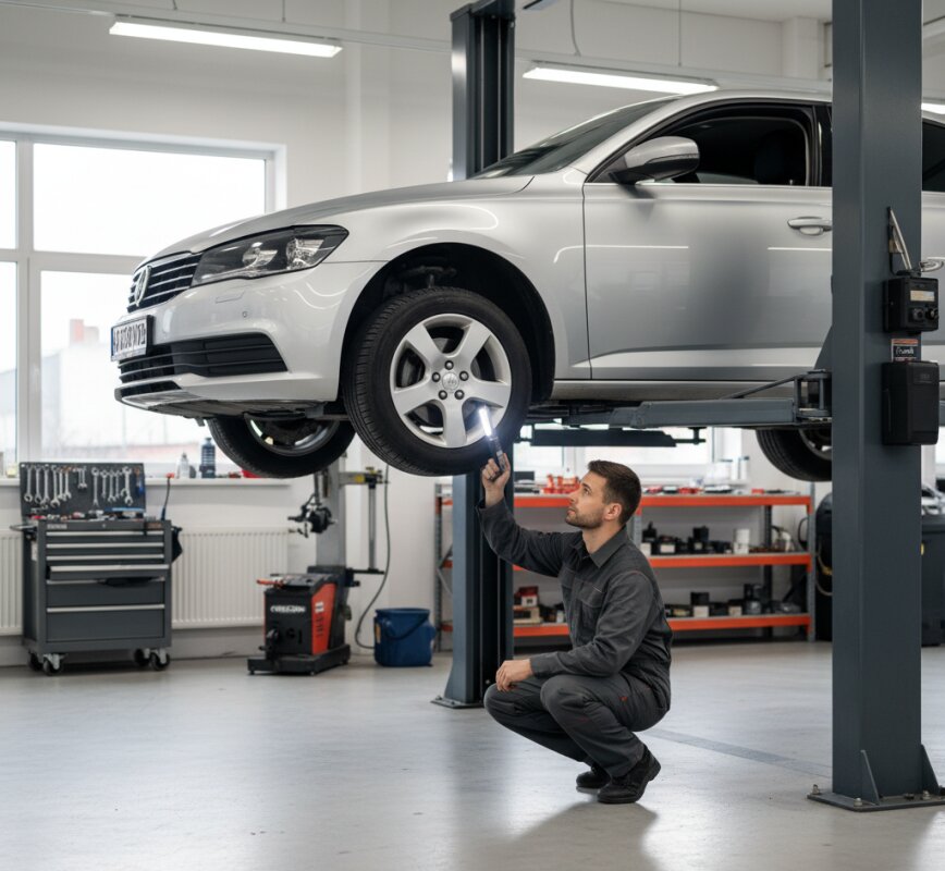 Mechanik wykonujący wiosenny przegląd techniczny podwozia samochodu.