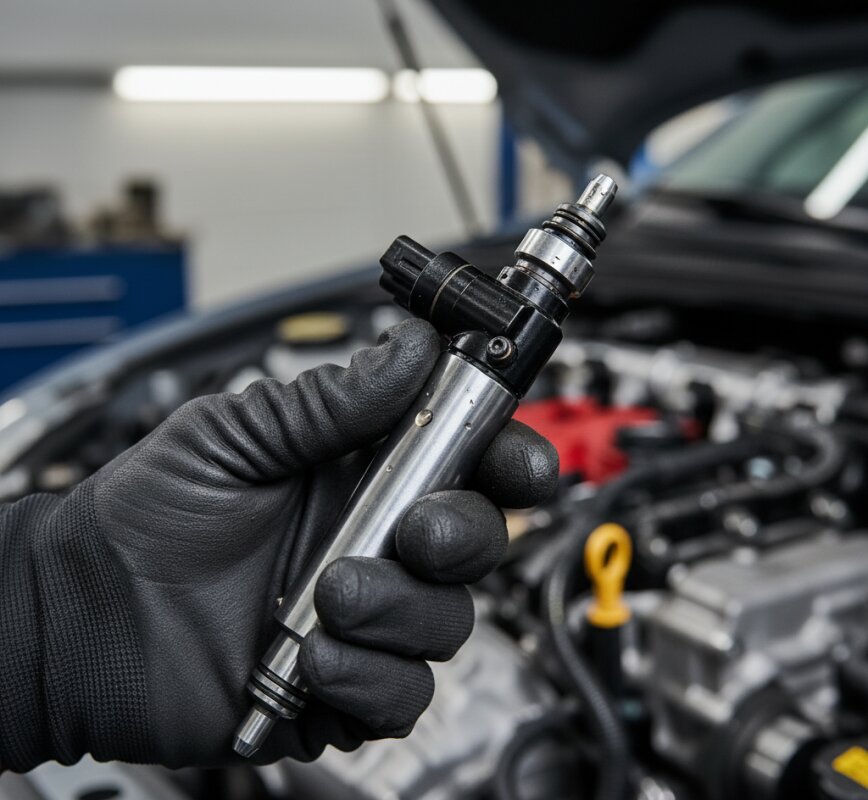 Mechanik trzymający w dłoni wtryskiwacz paliwa na tle silnika – porównanie wtrysku bezpośredniego i pośredniego.