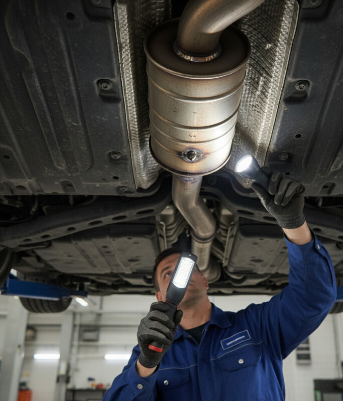 Filtr cząstek stałych DPF zamontowany w układzie wydechowym pod samochodem.